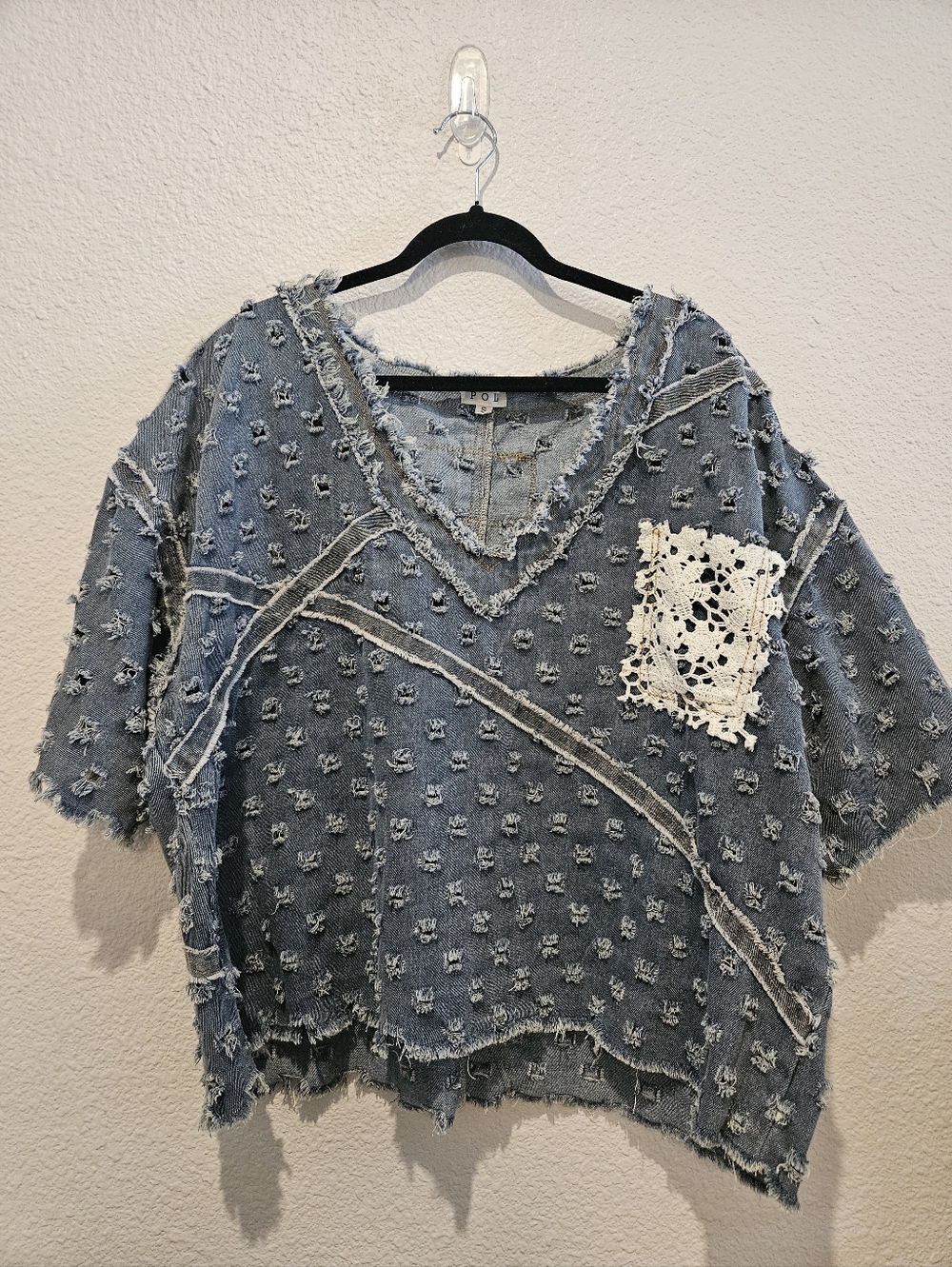 Pol V Neck Laser Cut Denim Distressed Top Size S